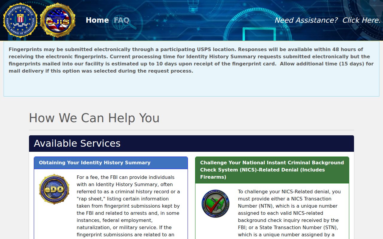 Union County resident access to the FBI identity history request portal