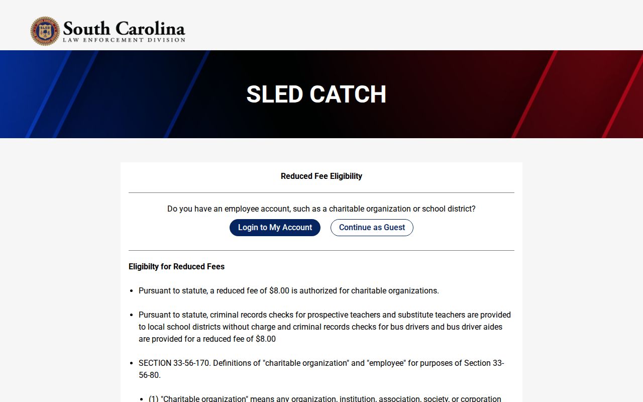 Union County criminal record check using the SLED CATCH guest or account choice