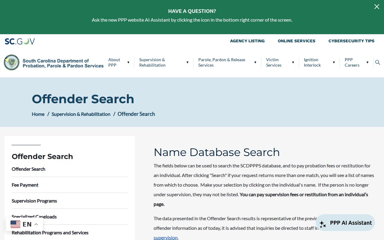 Union County probation and parole criminal record search fields