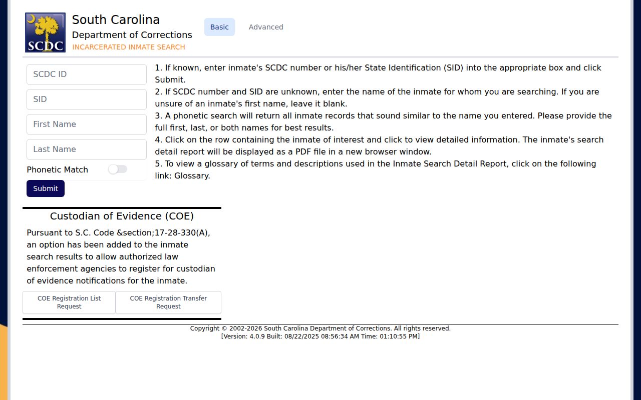 Union County custody research on the SCDC inmate search interface