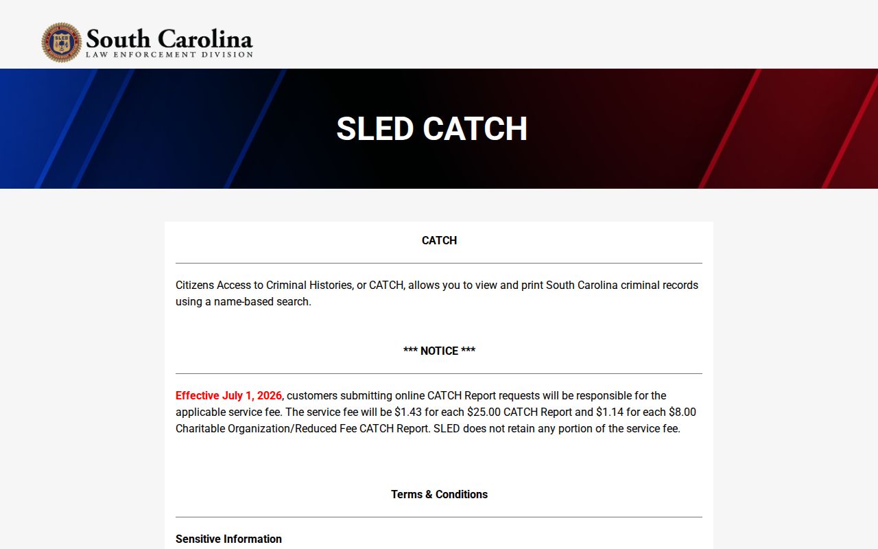 Union County criminal history search on the SLED CATCH terms screen