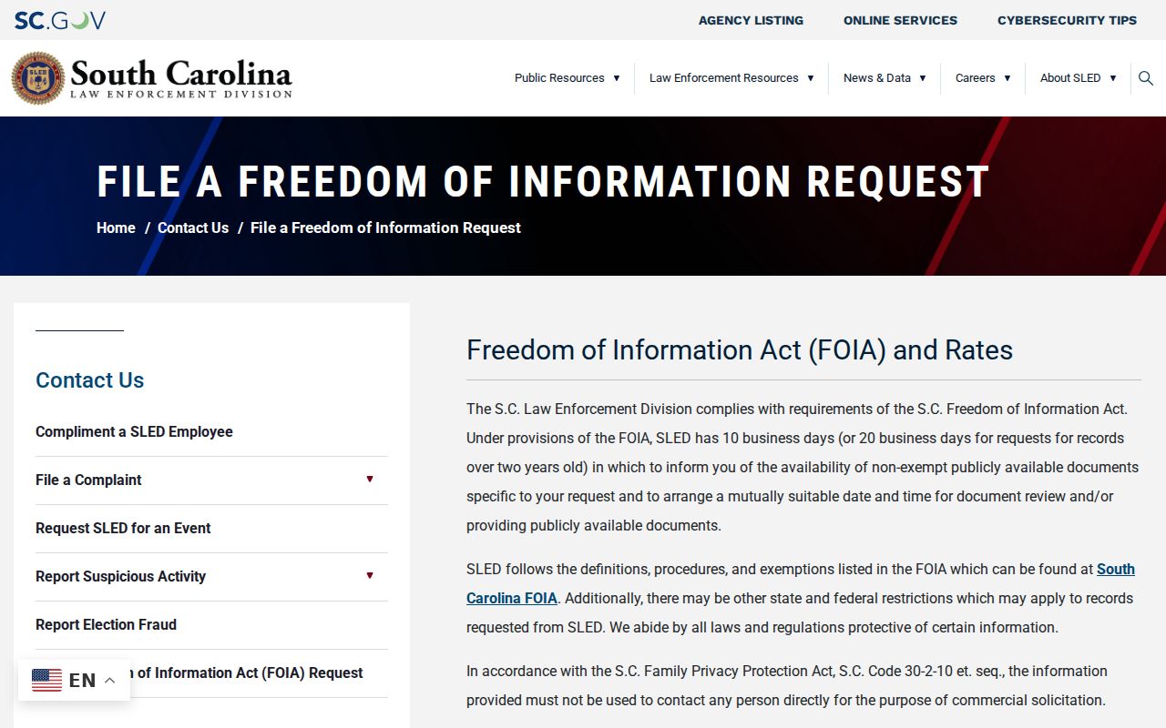 Union County arrest records statewide SLED FOIA fallback