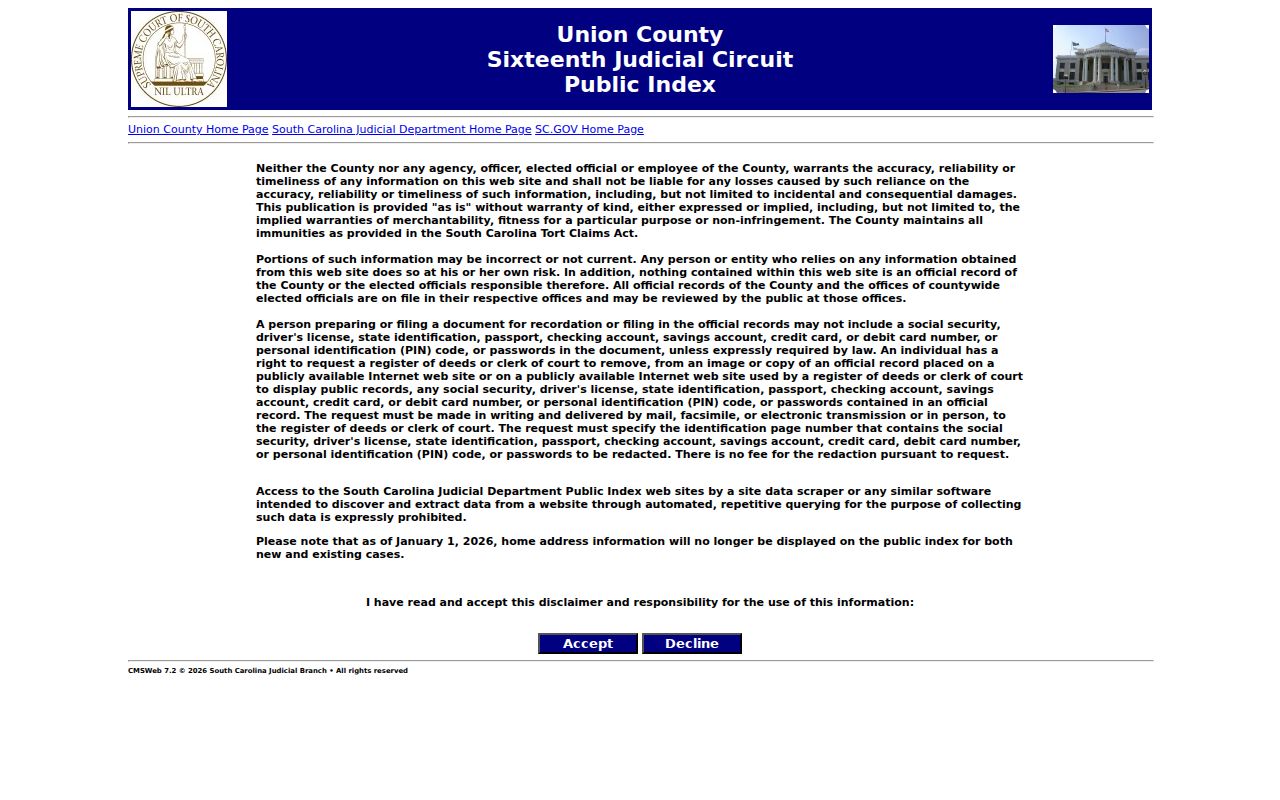 Union County court case lookup Public Index search form